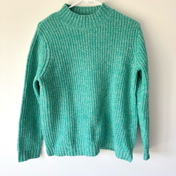 WoolOvers Lambswool Chunky Knit Mock Neck Sweater Green Pullover Ribbed - Picture 1 of 7